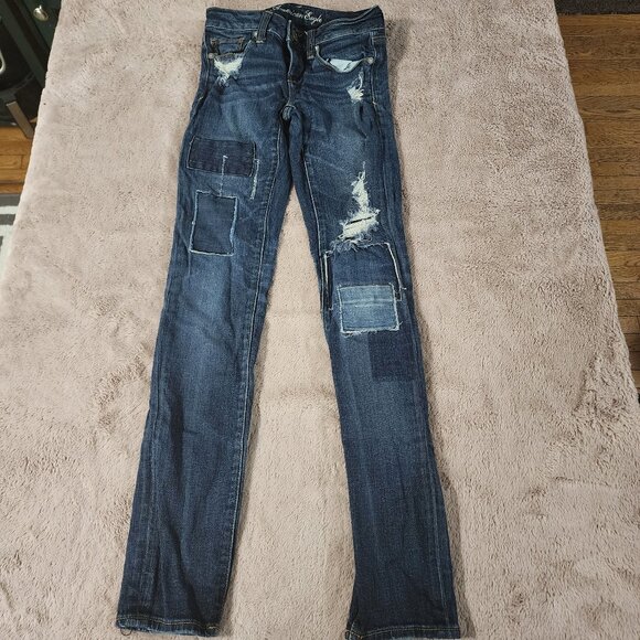 American Eagle Distressed Patchwork Skinny Jeans - Women's Sizeโ 0 Regular - Picture 1 of 3